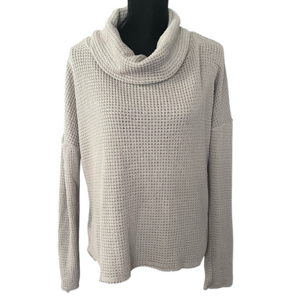 Elan women’s waffle knit cowl neck sweater pewter size S oversized raglan boho